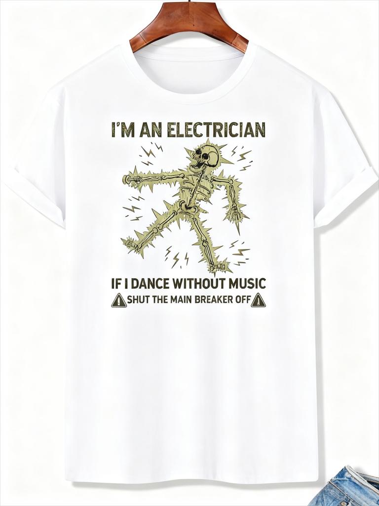 Black Electrician Skeleton Humor TShirt Shut The Main Breaker Off Graphic Casual Tee for Electric Enthusiasts Trendy Outfits