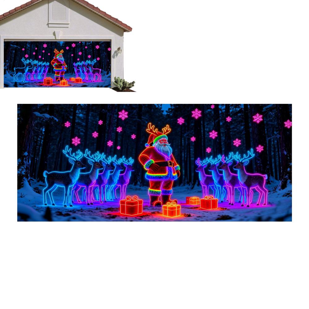 Christmas Garage Door Banner Cover Decorations 2D Flat Fluorescent UV-Activated Backdrop Large Christmas Garage Door Backdrop