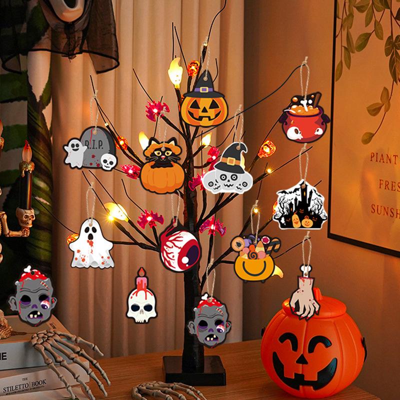 12pcs Halloween Decoration Tag, Pumpkin Ghost Skull Pattern Hanging Ornament for Gift Box Party Festival Scene Decoration