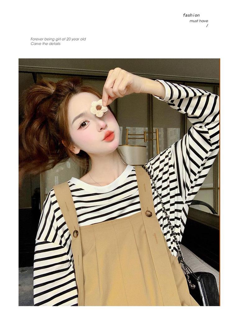 Khaki Women's Age-Defying Overalls and T-Shirt Set - Spring/Summer 2024 Korean Style