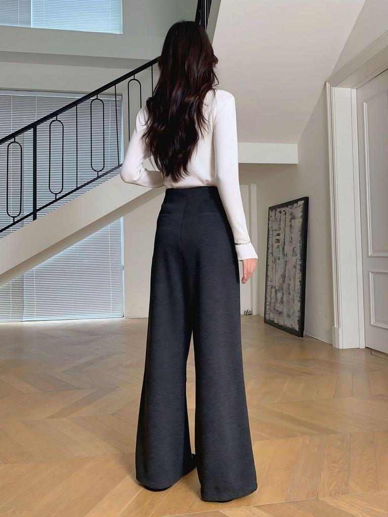 Ai Xuan Grey Acetate Wool Straight Leg Trousers - 2025 Autumn/Winter Women's High-End Narrow Leg Casual Pants