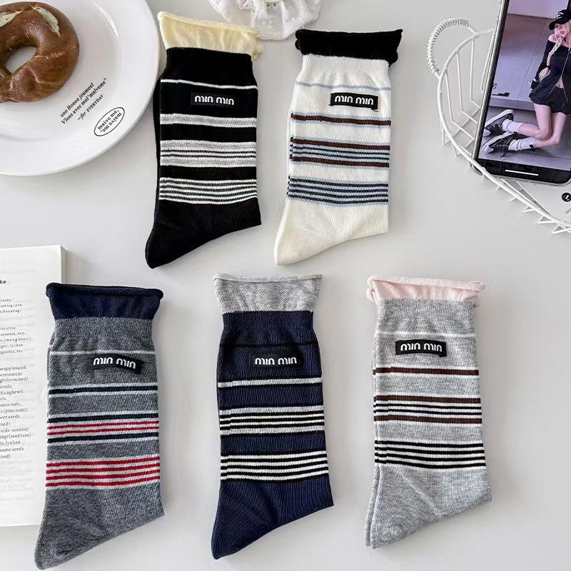Women's Mid-Calf Striped Slouch Socks - Korean Style, Breathable Cotton for Spring & Autumn