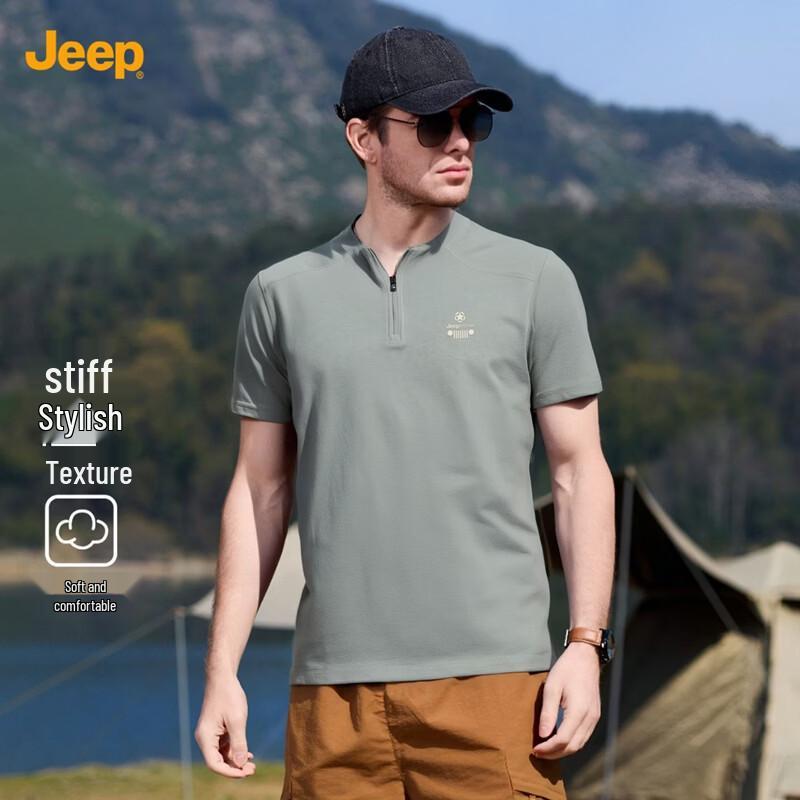 JEEP Men s Stand-Up Collar Logo Print Short-Sleeve T-Shirt XL светло-серый