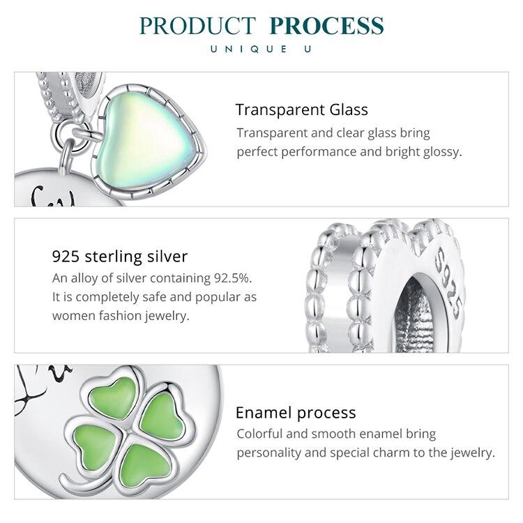 Bamoer 925 Sterling Silver Four-leaf Clover Hanging Bead Green Heart Pendant Charms for Women Bracelet DIY Fine Jewelry