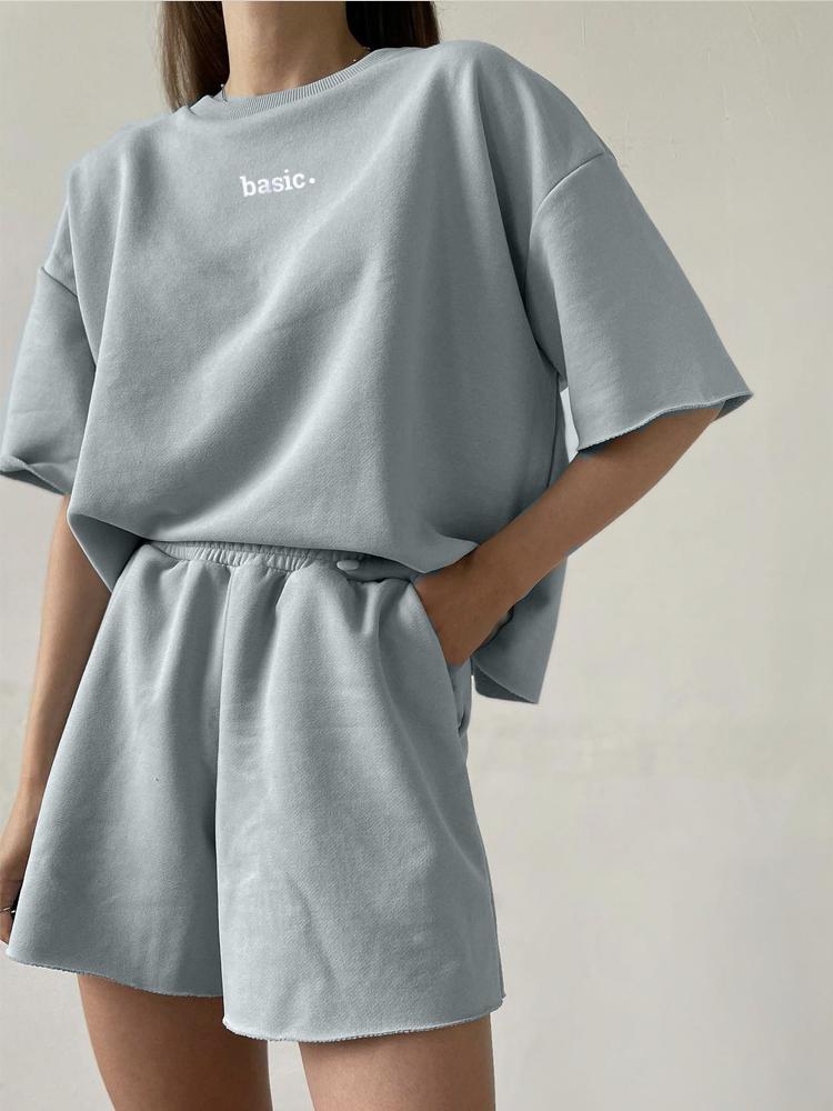 

Hirsionsan Летний комплект из 100% хлопка с принтом для женщин, новинка 2023 года, повседневные футболки из двух предметов и шорты с эластичной резинкой на талии, брюки, повседневный простой базовый спортивный костюм L синий