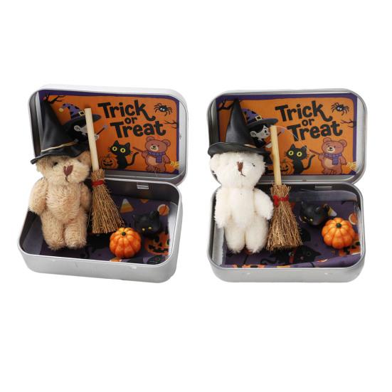 Halloween Bear In A Box Handmade Cute Witch Bear In A Tin for Trick or Treat Miniature Plush Bear with Broom Pumpkin Cat Halloween Party Gift