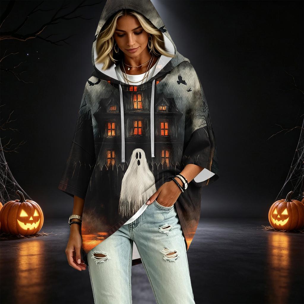 Women's Fashionable Three-Quarter-Sleeve Halloween-Printed Hooded Pullover