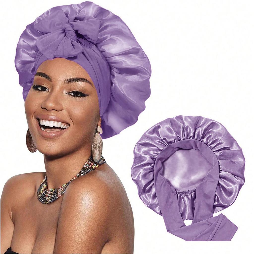 Women's Reversible Double-Layer Satin Nightcap with Ribbon - High Elasticity Round Hat for Hair Protection