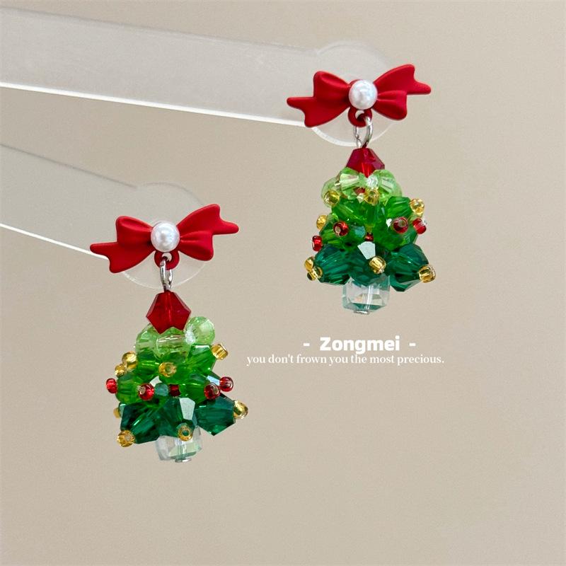 3D Christmas Tree Earrings with Red Bow - Heavy Beaded Crystal Ear Clips, Hand-Woven Holiday Accessories