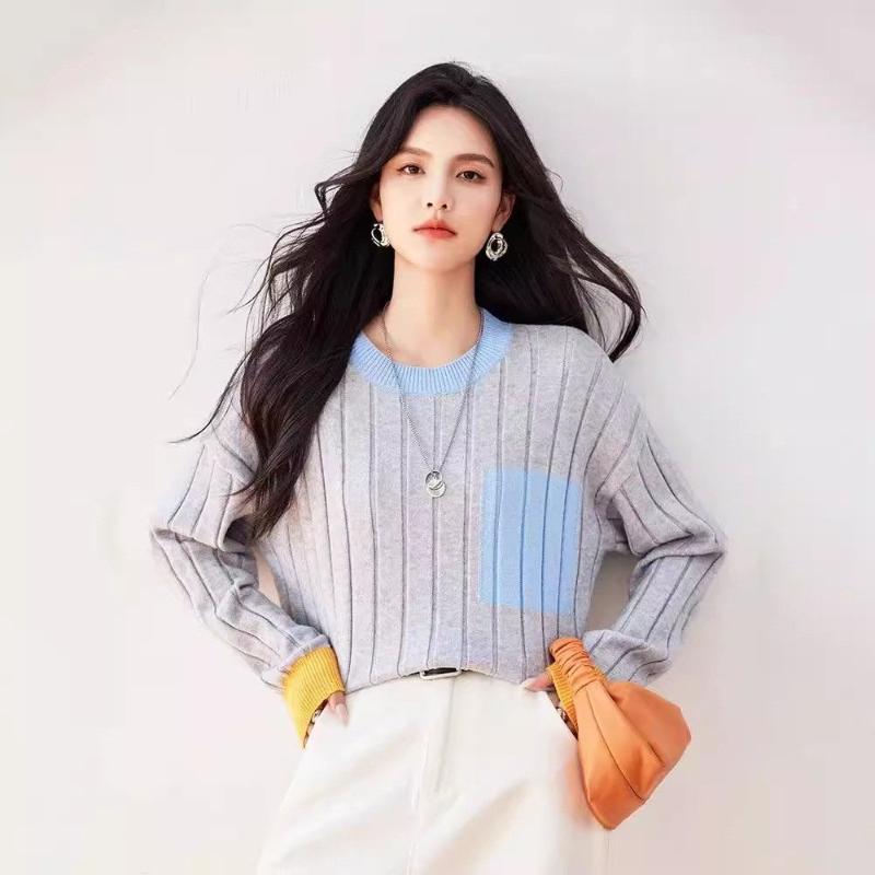 

Contrast Striped Women s New Color-blocked Round Neck Sweater Loose Casual and Age-reducing Top S светло-серый