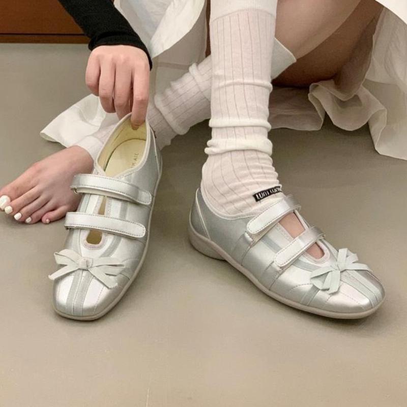 

Модные милые розовые балетки с бантом, женская мода, дизайн с двойной узкой перемычкой, брендовые туфли Мэри Джейн, удобные, с круглым носком, неглубокие, повседневные туфли 39 серебряный