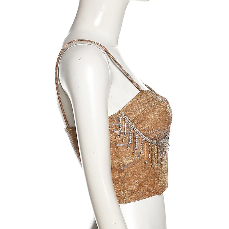 Bustiers Gothic Korsett Top Nachtclub Party Cropped Damen Tank Top Strass Quaste Cropped Navel Slim Tank Tops