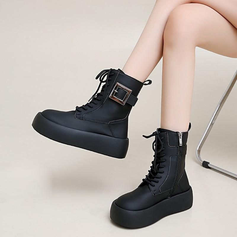 

Thick-soled Martin boots women s British style summer and autumn 2024 new lace-up medium tube small height-increasing square buckle locomotive boots 40 чорний