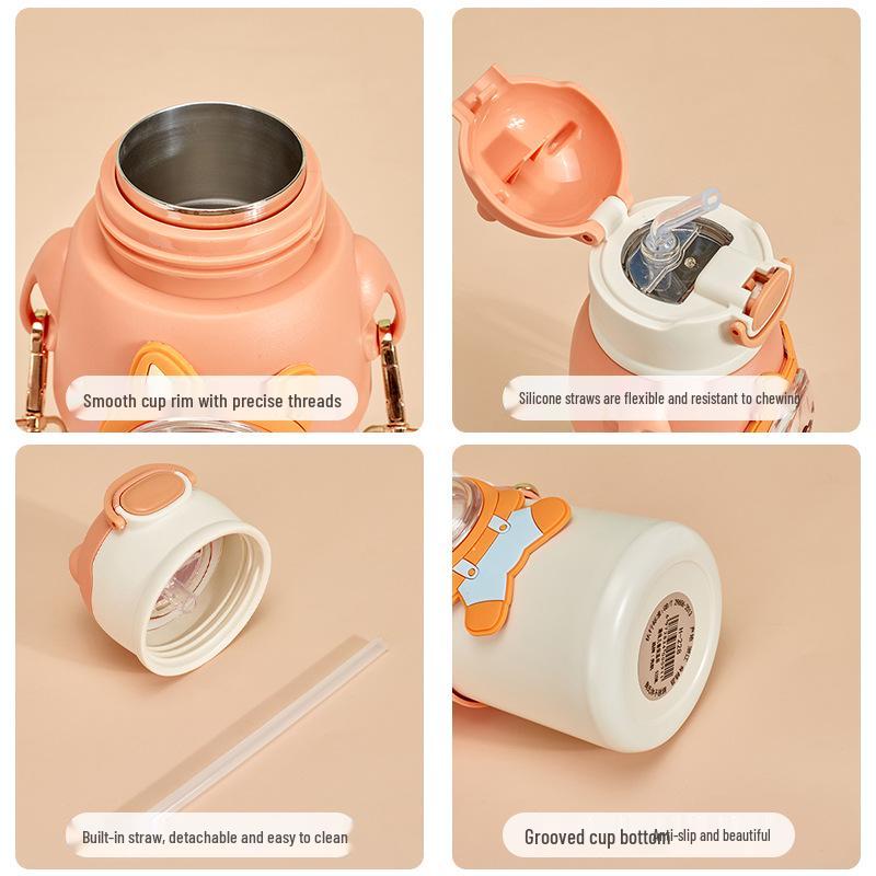 Teddy Bear Stainless Steel Thermos Cup with Lanyard & Straw - Kids' Fun Bounce Design