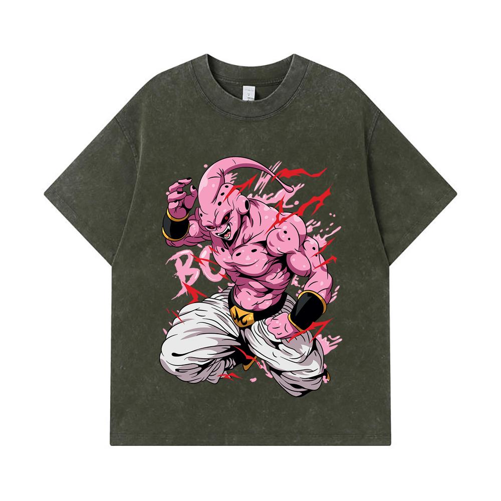 

275 GSM Washed T-shirts 100% Cotton Dragon Ball V13 Majin Buu Print Unisex Heavy Cotton T Shirt S армия зеленый