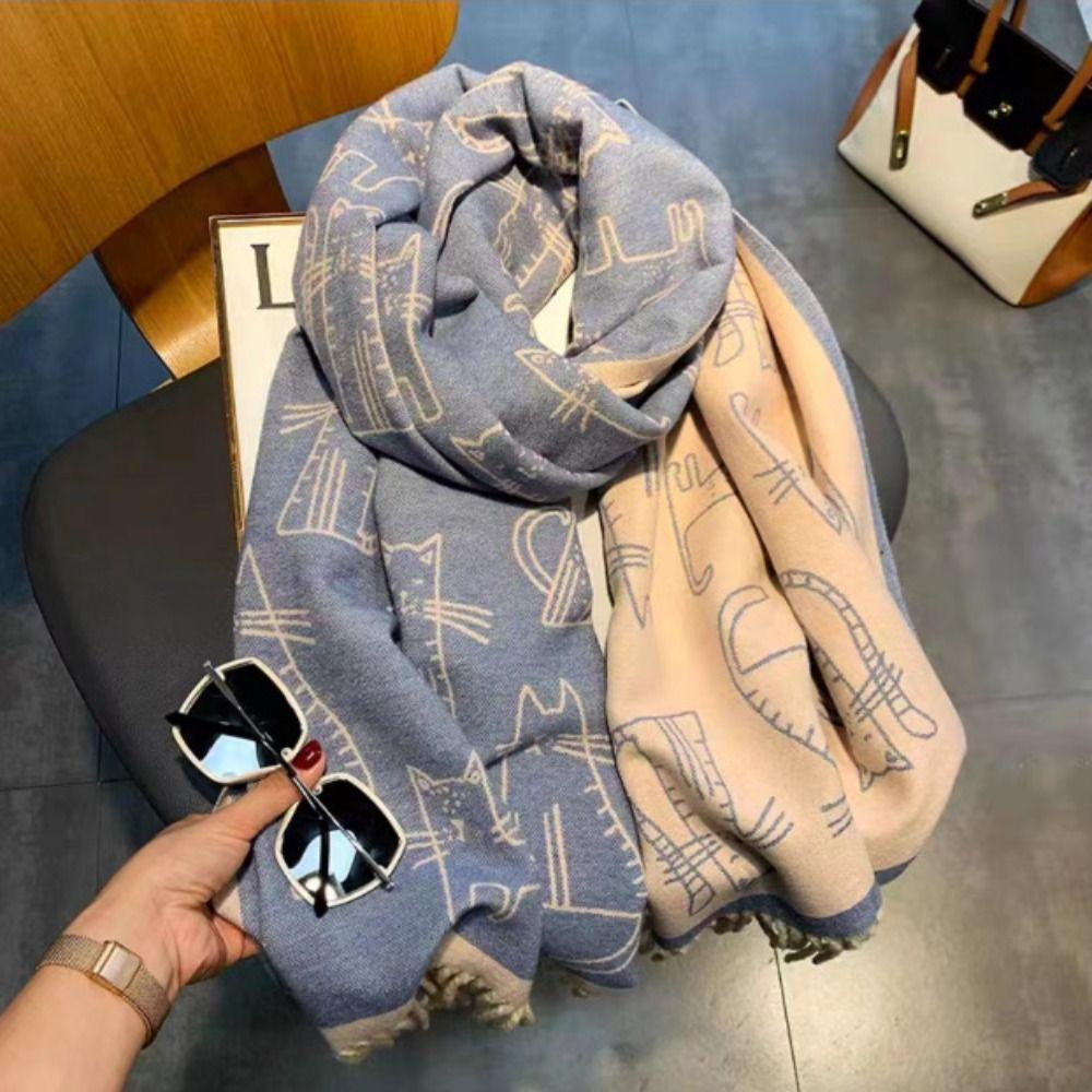 Thickened Kitty Jacquard Weave Scarf Lightweight Cashmere Shawl Trendy Cat Knitted Scarf  Unisex
