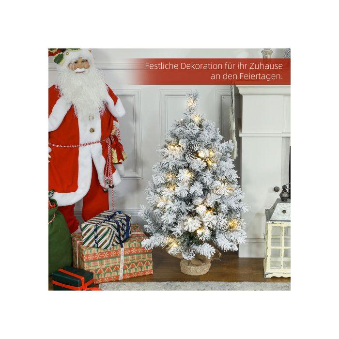 HOMCOM Sapin de Noël 92 cm, lumières LED, branches enneigées, pommes de pin, ignifuge, pied en béton