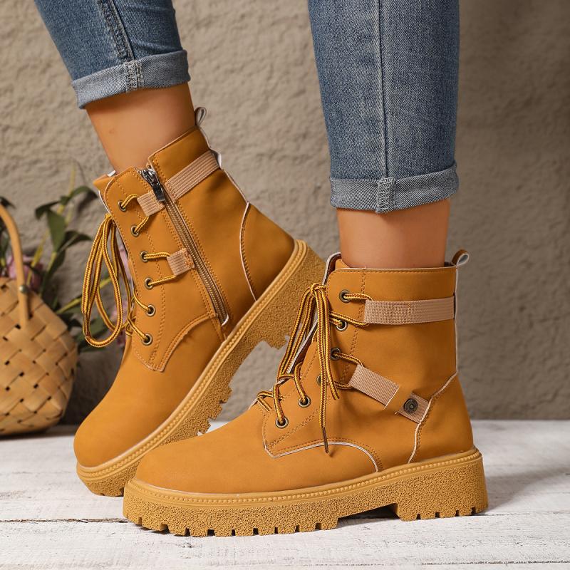 Fashion Fashion Metal Decoration Hiking Boots Women Autumn Round Toe Thick Bottom Side Zip Ankle Boots Comfort Non Slip Outdoor Shoes