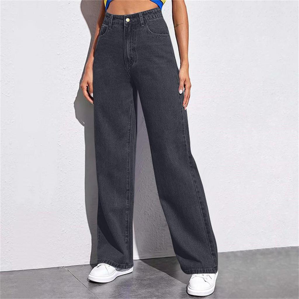 Pantaloni Denim a Vita Alta da Donna Jeans Elasticizzati a Gamba Larga con Tasche