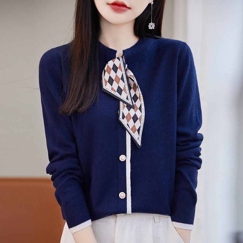 Autumn 2023 Women's Wool Knitwear: Stylish Scarf-Collar Cardigan Sweater