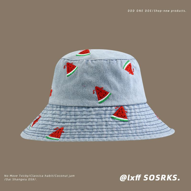 Hat women's new arrivalembroider denim bucket hat wide brim sunshade easiest for match outdoor trendy wind basin hat