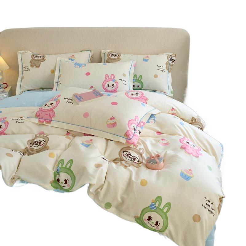 Fresh & Simple Pure Cotton Four-Piece Printed Dorm Set – Includes Three-Piece All-Cotton Bed Sheet, Bed Skirt, and Bedding Set.