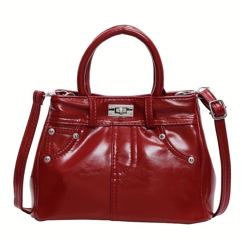 

Vintage Denim Handbag With Twist Lock Closure And Adjustable Shoulder Strap Perfect For Casual Outings And Shopping PU wine red