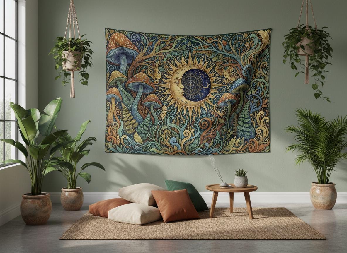 Bohemian Sun Moon Mushroom Tapestry Vintage Forest Background Cloth Living Room Decoration Room Decoration 100X70CM