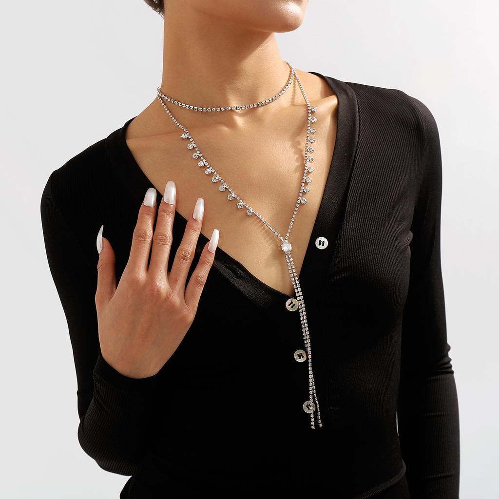 Women European Minimalist Y‑Shaped Long Choker Full Rhinestone Chain Geometric Necklace Jewelry