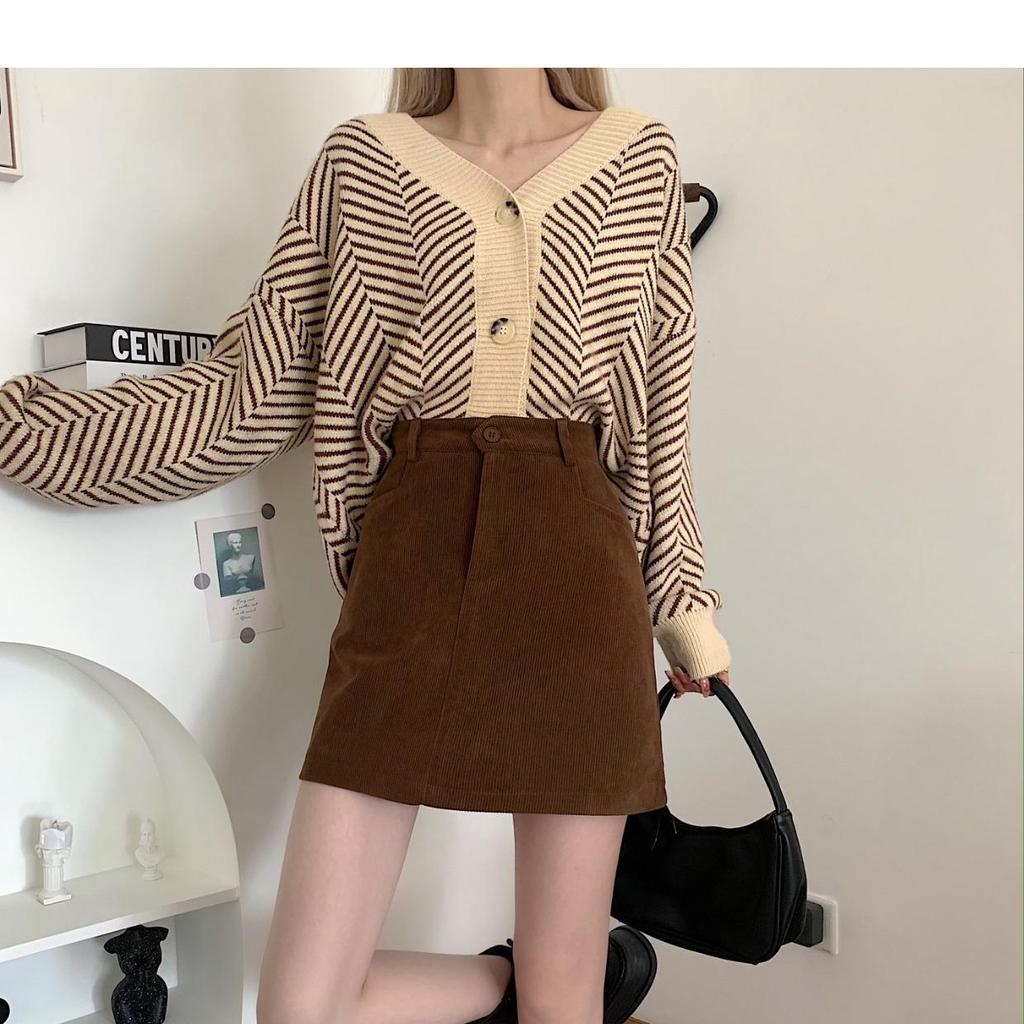 2023 Women's High Waist Brown Corduroy A-Line Skirt - Autumn/Winter Slim Fit for Petite Figures