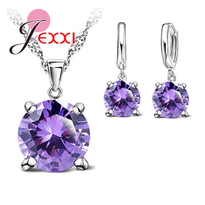Solid 925 Sterling Silver Jewelry Sets 4 Claws Cubic Zirconia Pendant Necklace Earring Fashion Jewelry For Women SET