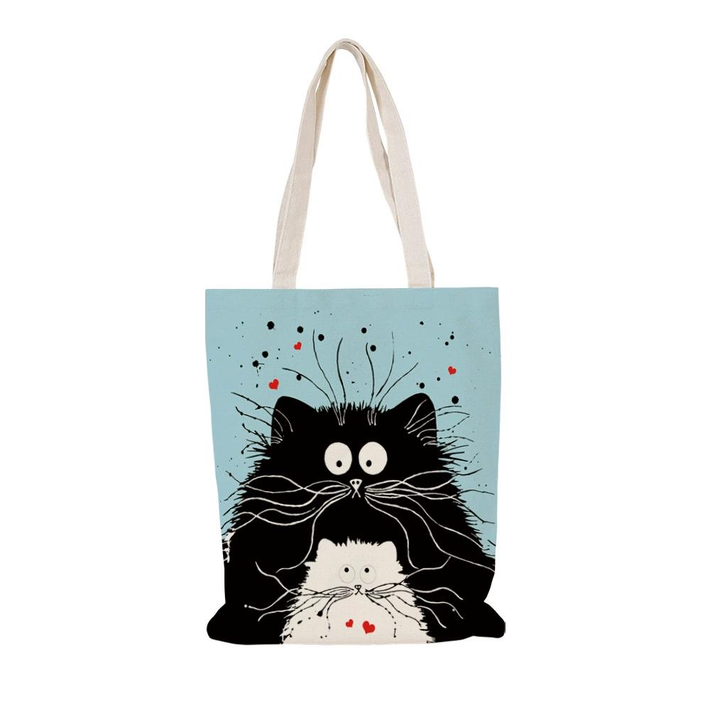 Black Cat Printed Canvas Bag Cartoon Tote Bag Shoulder Storage Bag Ladies Beach Bag Shopping Bag Travel Storage