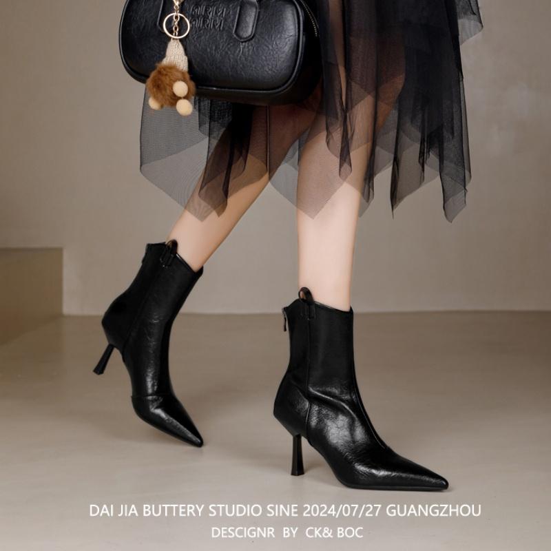 Fashion Shoes Boots Women New 2025 Zipper Winter Footwear Ankle Pointy Autumn Leather High Heel Ladies Pointed Toe Pumps Thin Zipper Win