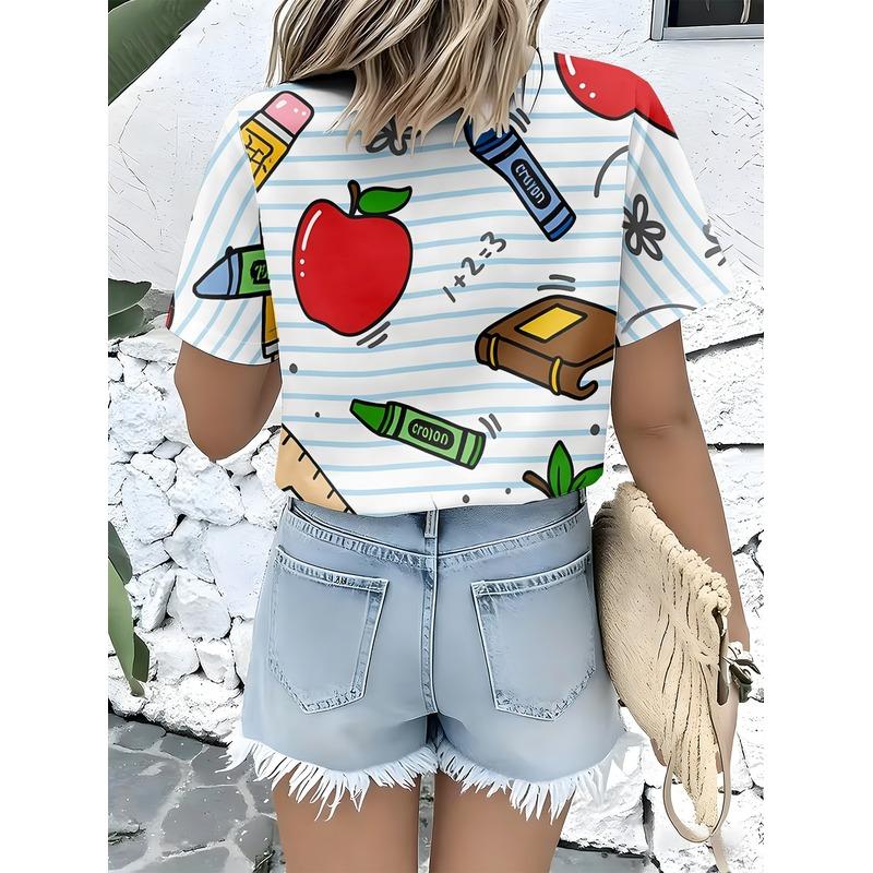Women's Collar Shirt Short Sleeve Button Up Blouse Full Body Apple Print Machine Washable Casual Office Spring Summer Top