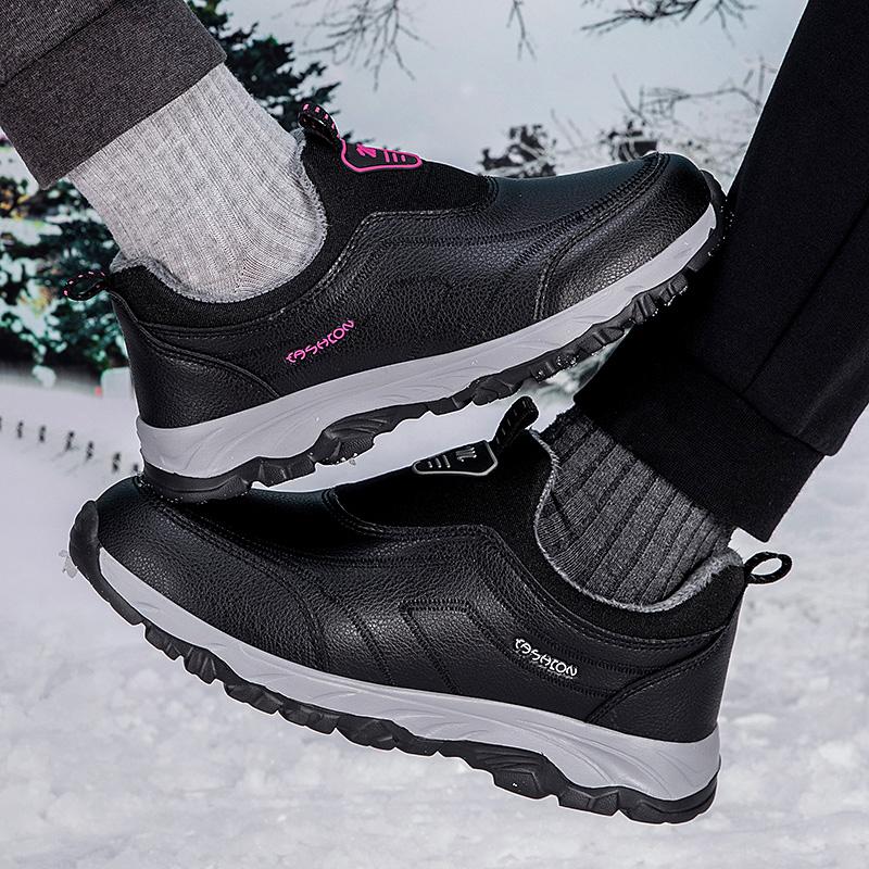 Winter Pu Leather Cotton Shoes Men Middle-Aged Couples Walking Cotton Shoes Plush Warm Slip-On Loafers Shoes Gift for Parents