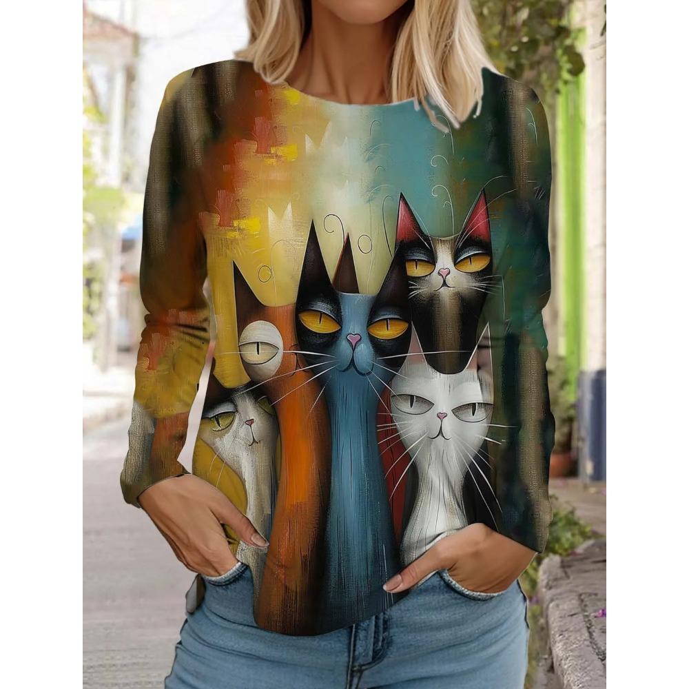 

Искусство Милый Кот 3D Принт Женская Мода Футболка с Круглым Вырезом и Длинными Рукавами 5XL