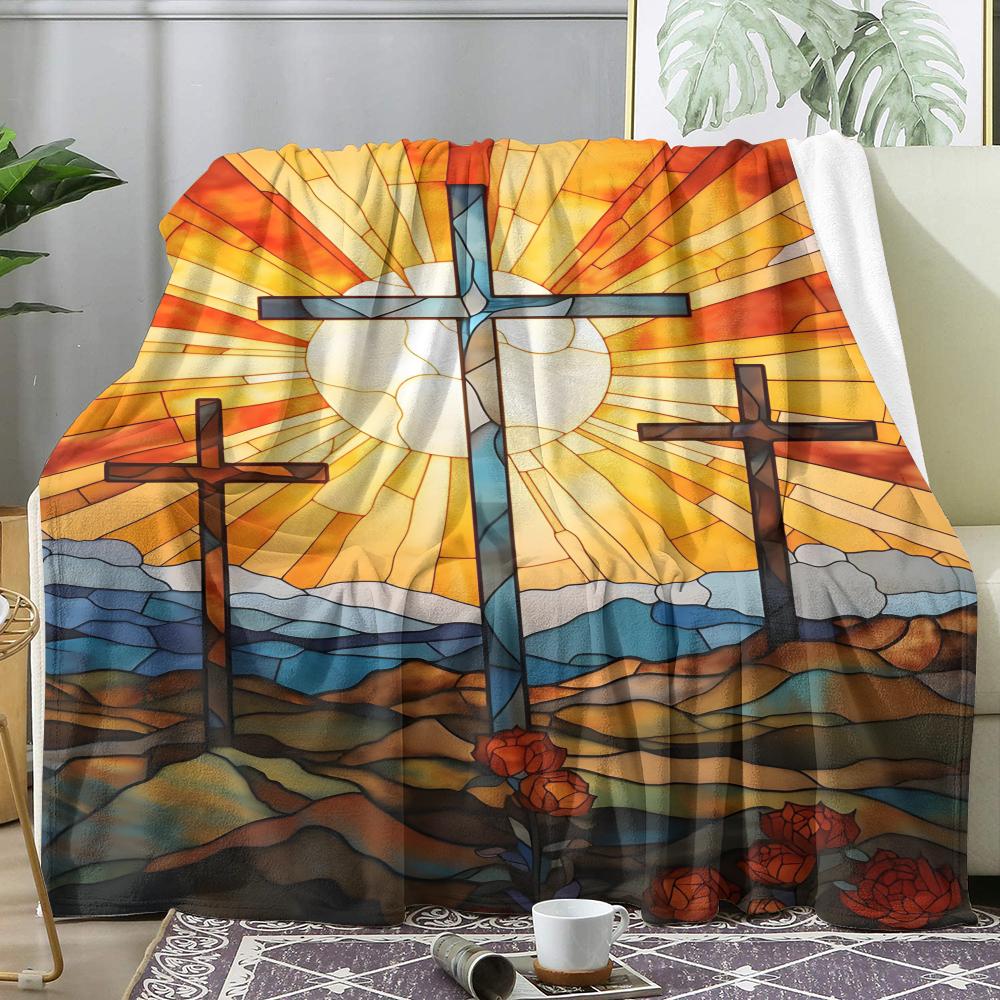 Stained Glass Cross Throw Soft Flannel AC Blanket Lightweight Summer Nap Throw Cozy Blanket for Sofa Bed Travel Home