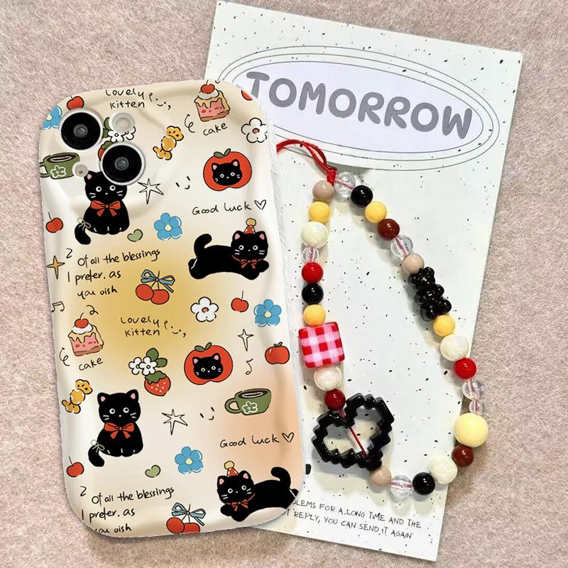 Cute Cat With Apple Fruit Chain Case For Google PIXEL 7 8 9 10 Pro XL 7A 8A Soft Silicone Wave Side Cartoon Cover
