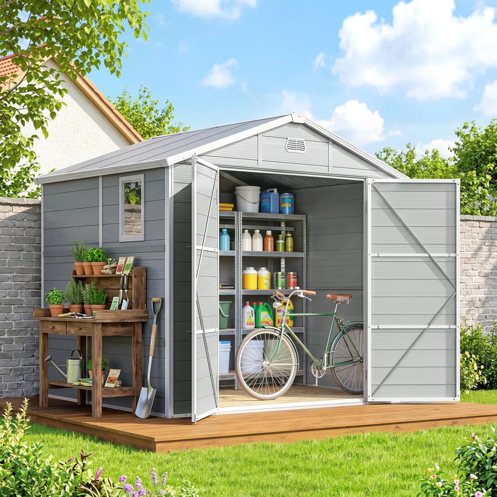 7.9ft X 6.2ft Aluminium Frame and Plastic Wall Shed, with Foundation - Light Grey