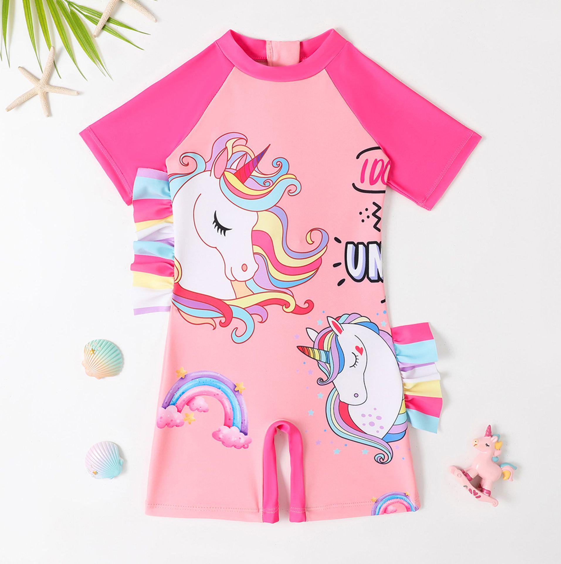 

Новый купальник-боди с короткими рукавами и принтом единорога для девочек 2025 года с молнией и шортами с квадратным вырезом для ног 7 Years розовый