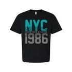 

Unisex NYC 1986 Graphic T-Shirt With Turquoise Accents And Bold Gray Typography L