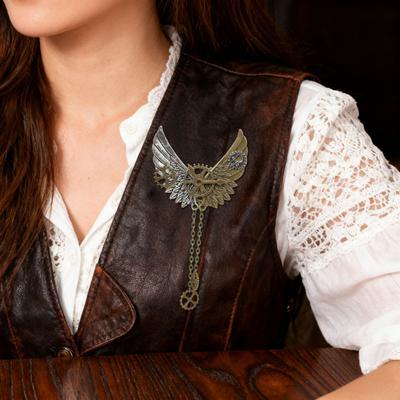 Unisex Steampunk Brooch Vintage Metal Pin with Gear And Wing Mechanical Scarf
