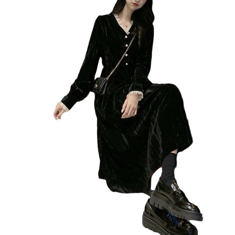Women's French Dress Coat with Retro Hepburn Style with Long-sleeved Imitation Canary Dress