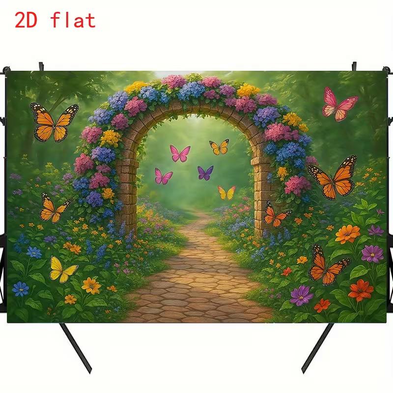 2D Whimsical Photo Booth Backdrop with Stone Arch and Colorful Butterflies