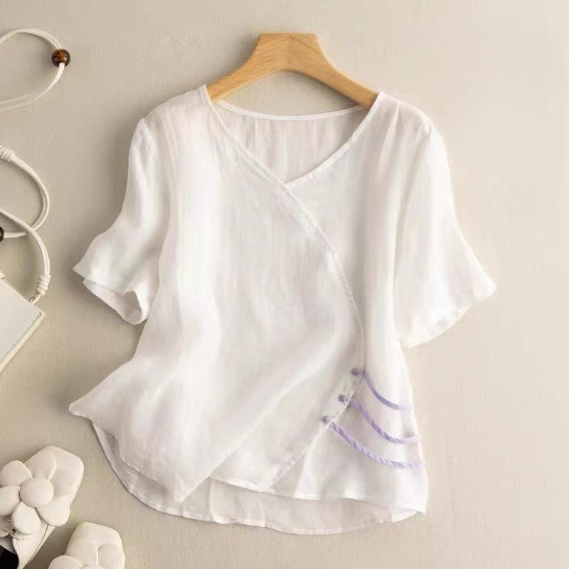 

Новый ретро топ с V-образным вырезом однотонный из хлопка и льна для женщин тонкая приталенная футболка для женщин 4XL белый