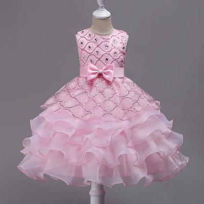 Baby Girls Beading Bow Ball Gown Pageant Wedding Dress Girl Elegant Lace Long Party Princess Bridesmaid Dresses Clothes Kids Flower Embroidery Costume