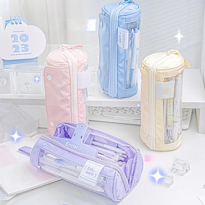 1Pcs Planwith Cute Pen Case RosyPosy Cylindrical Prism Pencil Case Window Visible Large Capacity Portable Storage Stationery Box blu