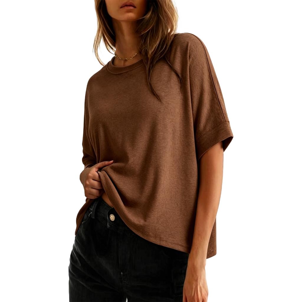 Ladies' Basic Fashion Color Short Sleeve Round Neck T-Shirt Casual Pullover Top for Everyday Wear and Daily Use
