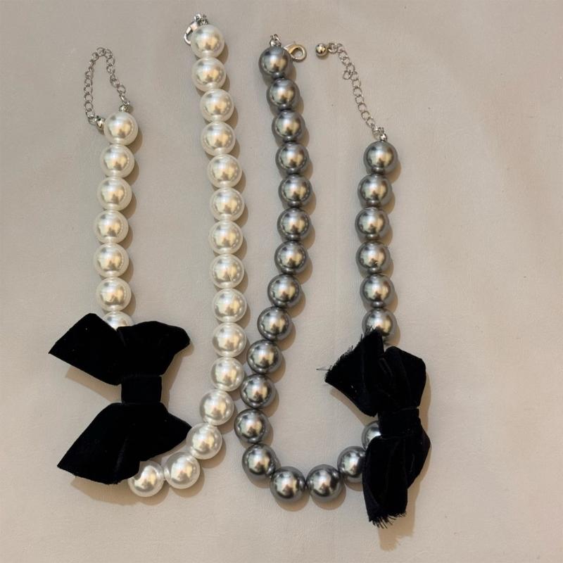 Colar Punk com Pérolas e Contas, com Pingente Larga Laço Preto, Correntes de Pescoço Góticas da Moda para Mulheres