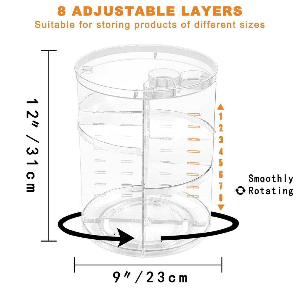 Rotating Makeup Organizer, Adjustable Layers Spinning Skincare Organizer, Cosmetic Display Case with Brush Holder Perfume Tray